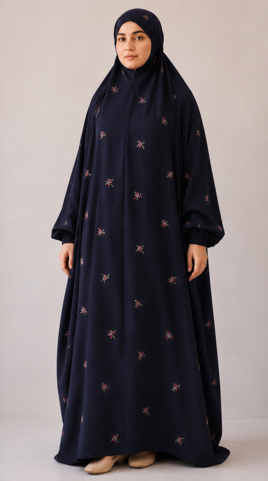 Embroided Full Length Namaz Chadar With Sleeves - Navy Blue