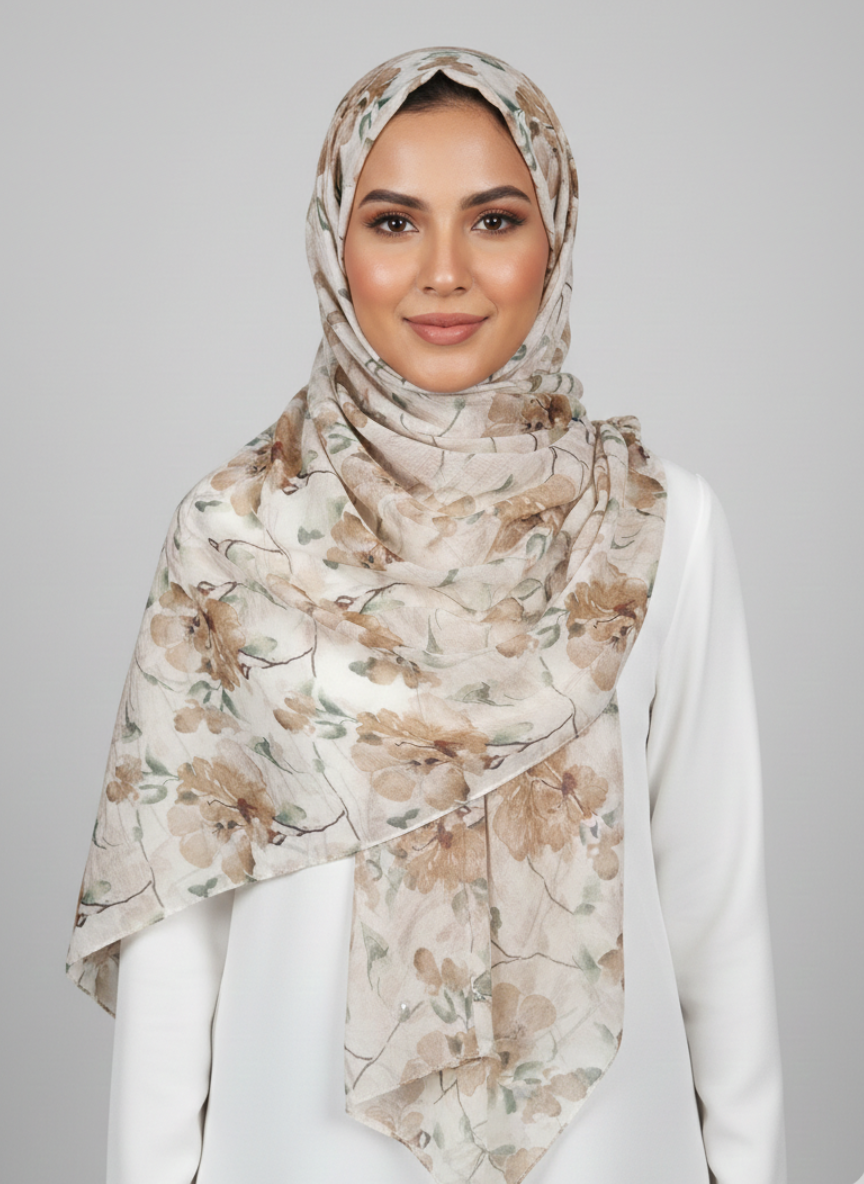 Premium Printed Hijab showcasing a delicate floral pattern in shades of pink and green on a white background.