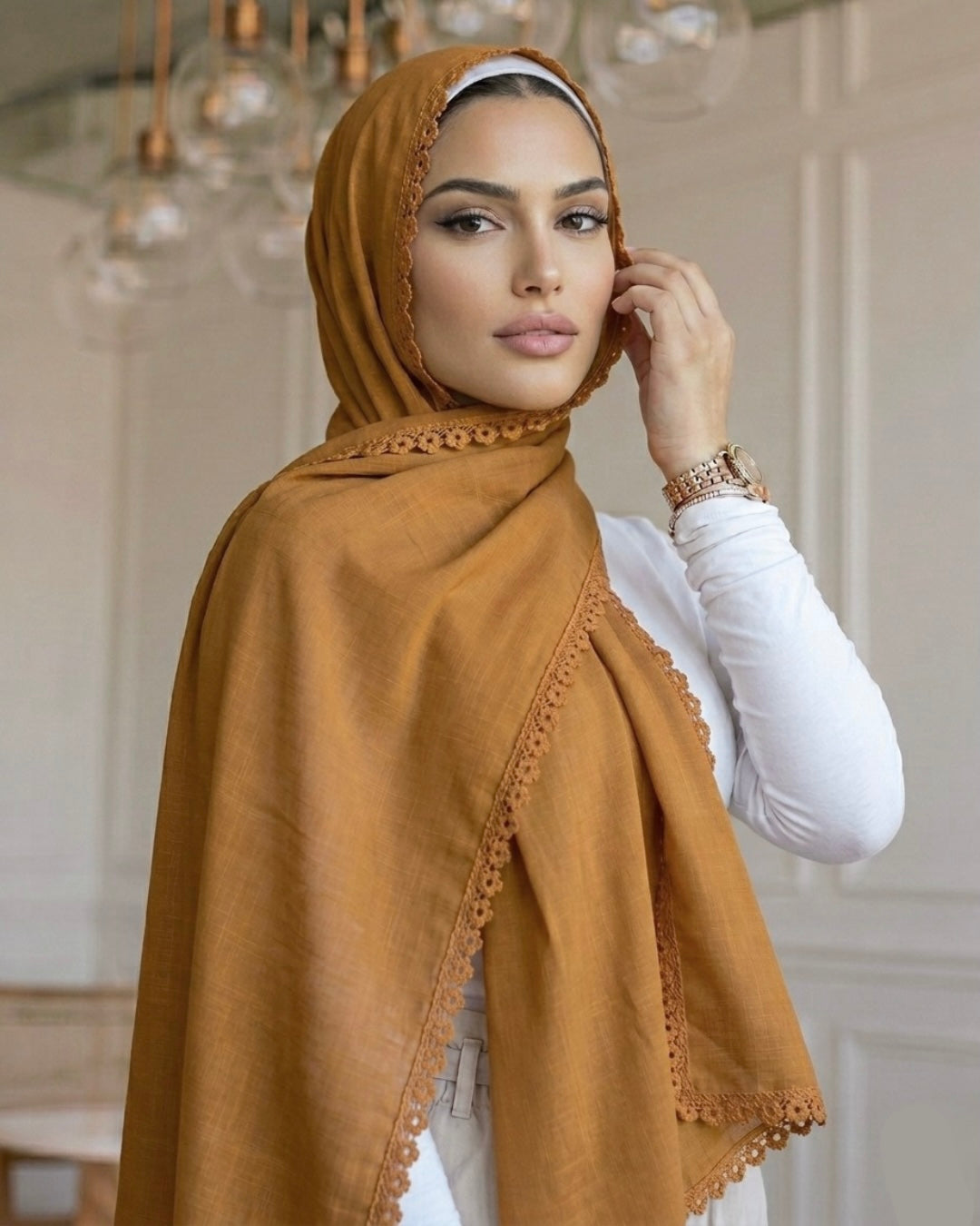 Expressions Turkish Lawn (Wider Width) Lace Hijab - Burnt Mustard