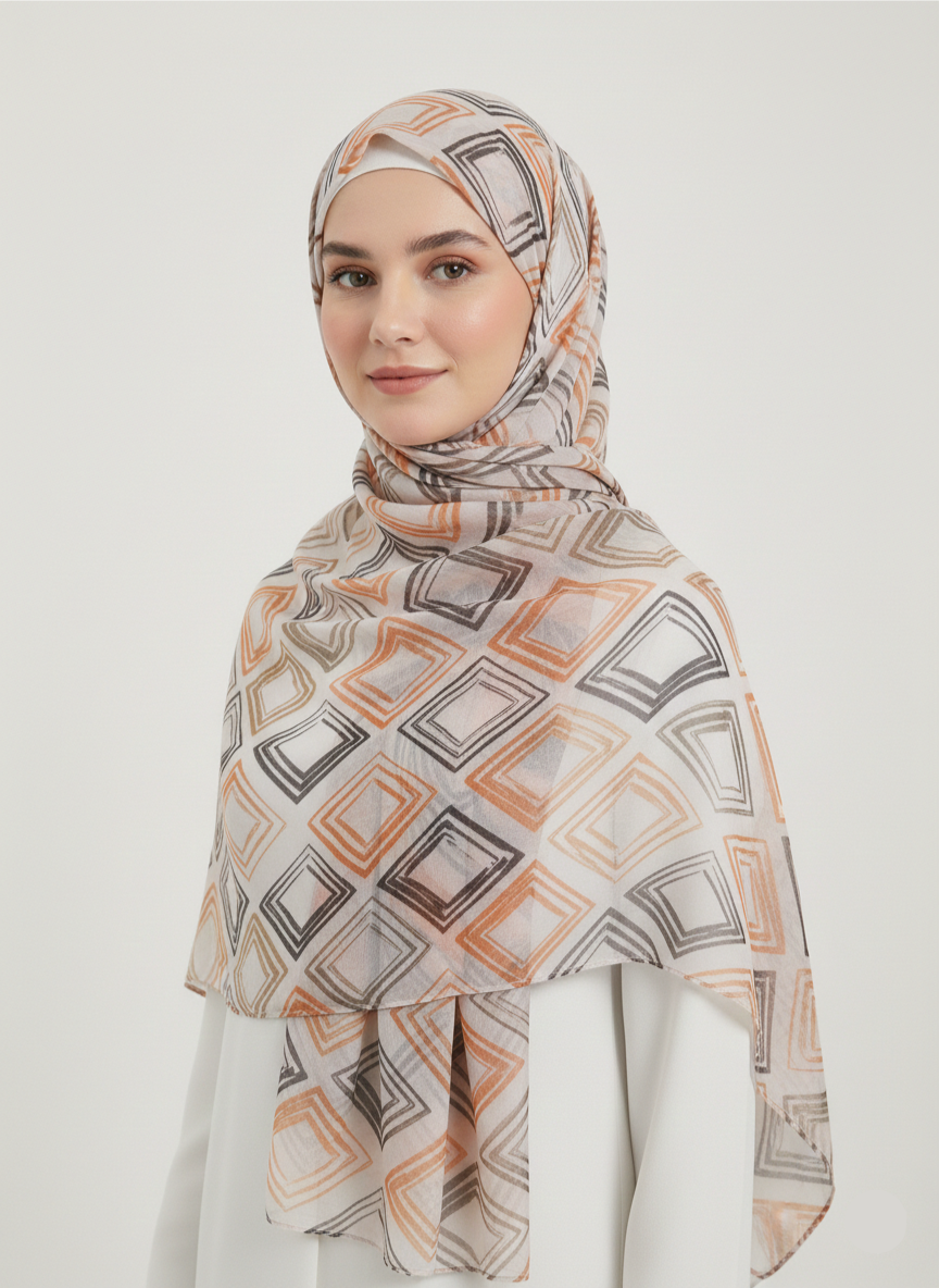 Premium Printed Hijab featuring a vibrant floral pattern in shades of blue and gold.