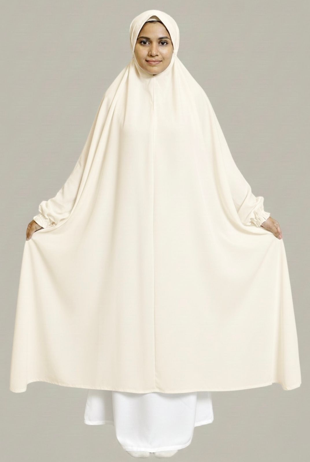 Premium 3 Quarter Umrah & Namaz Chadar with Sleeves - Cream White (Imported Fabric)