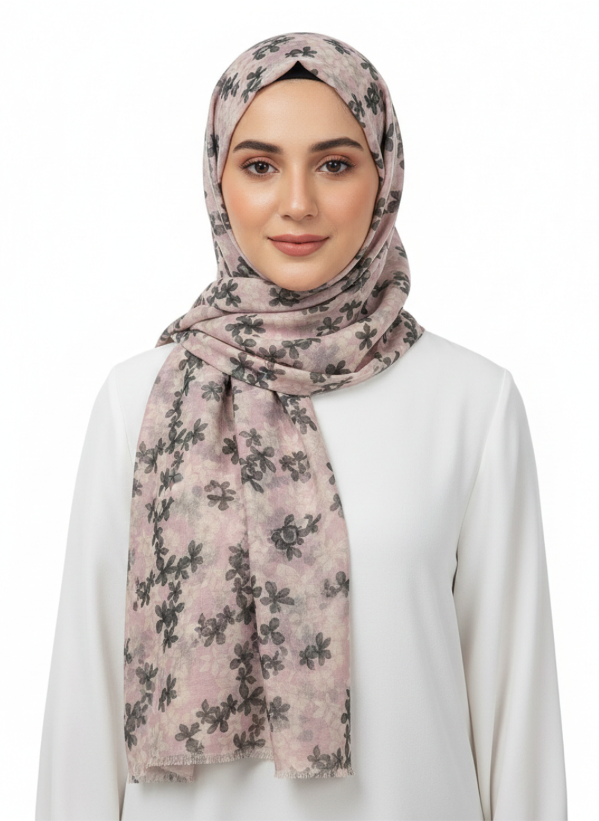 Elsa Printed Hijab in Flamingo pattern, featuring a vibrant floral design on a soft fabric.