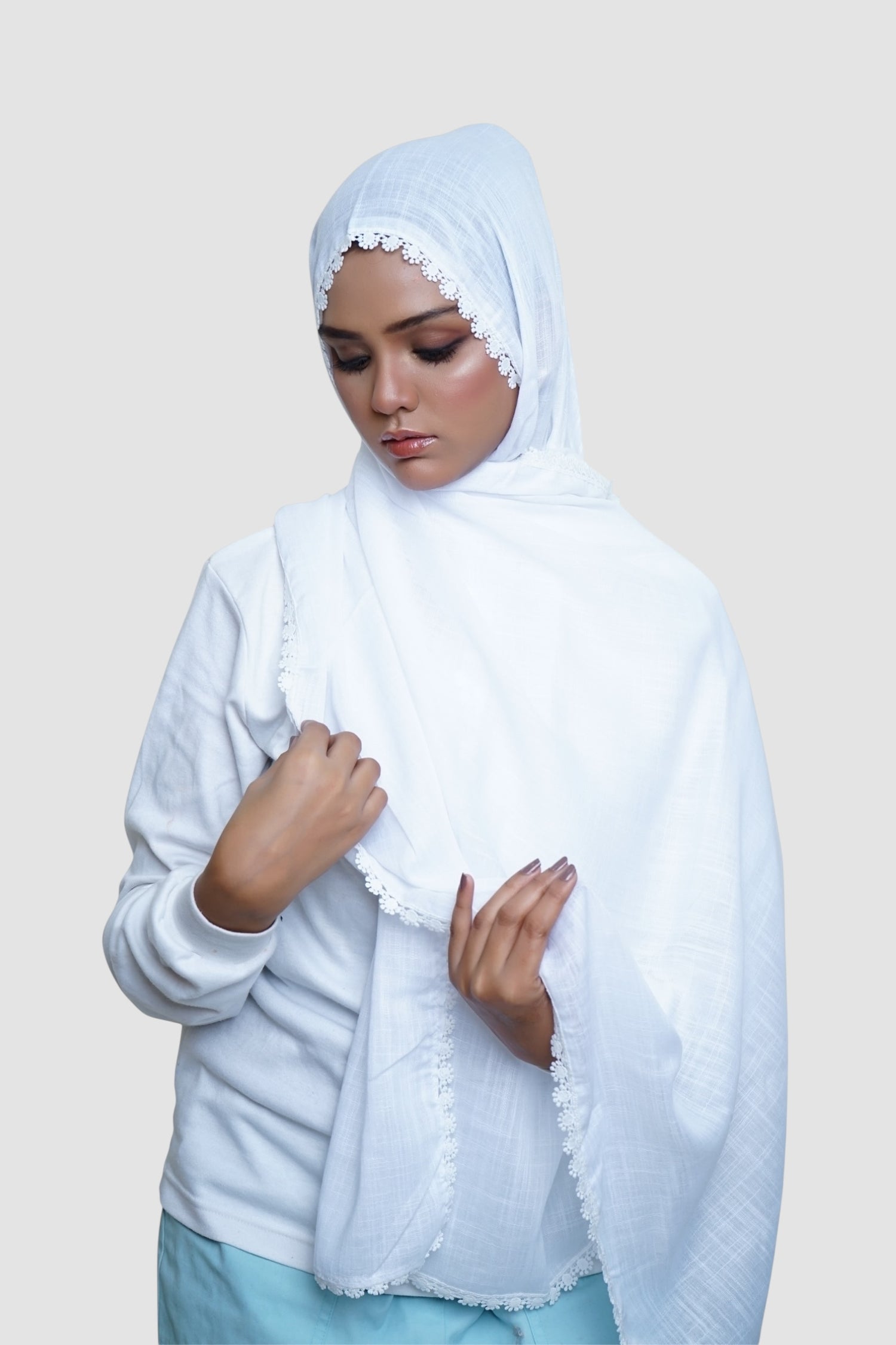 Expressions Turkish Lawn (Wider Width) Lace Hijab - White