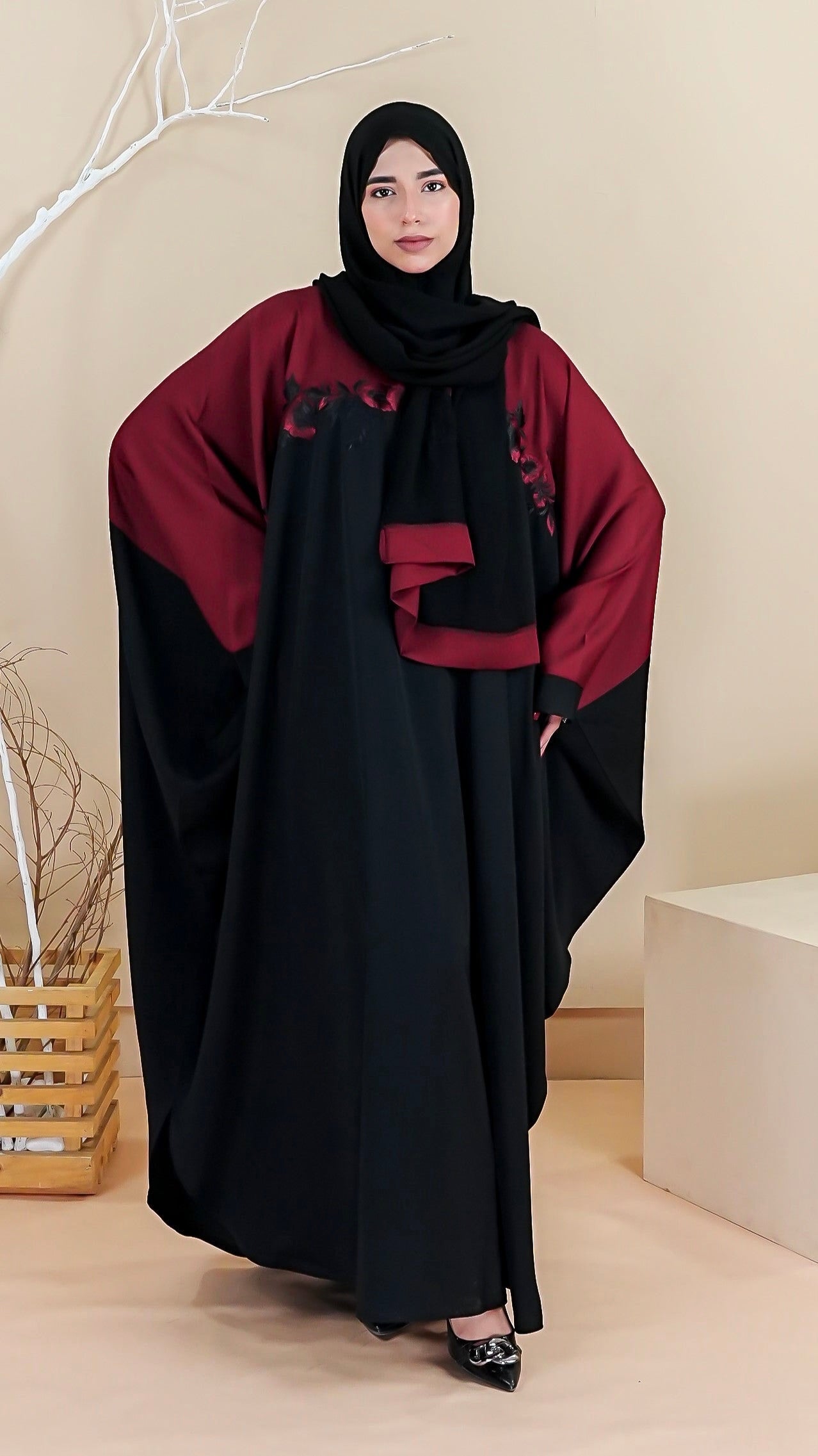 Flora Abaya - Deep Maroon (With Free Delivery)