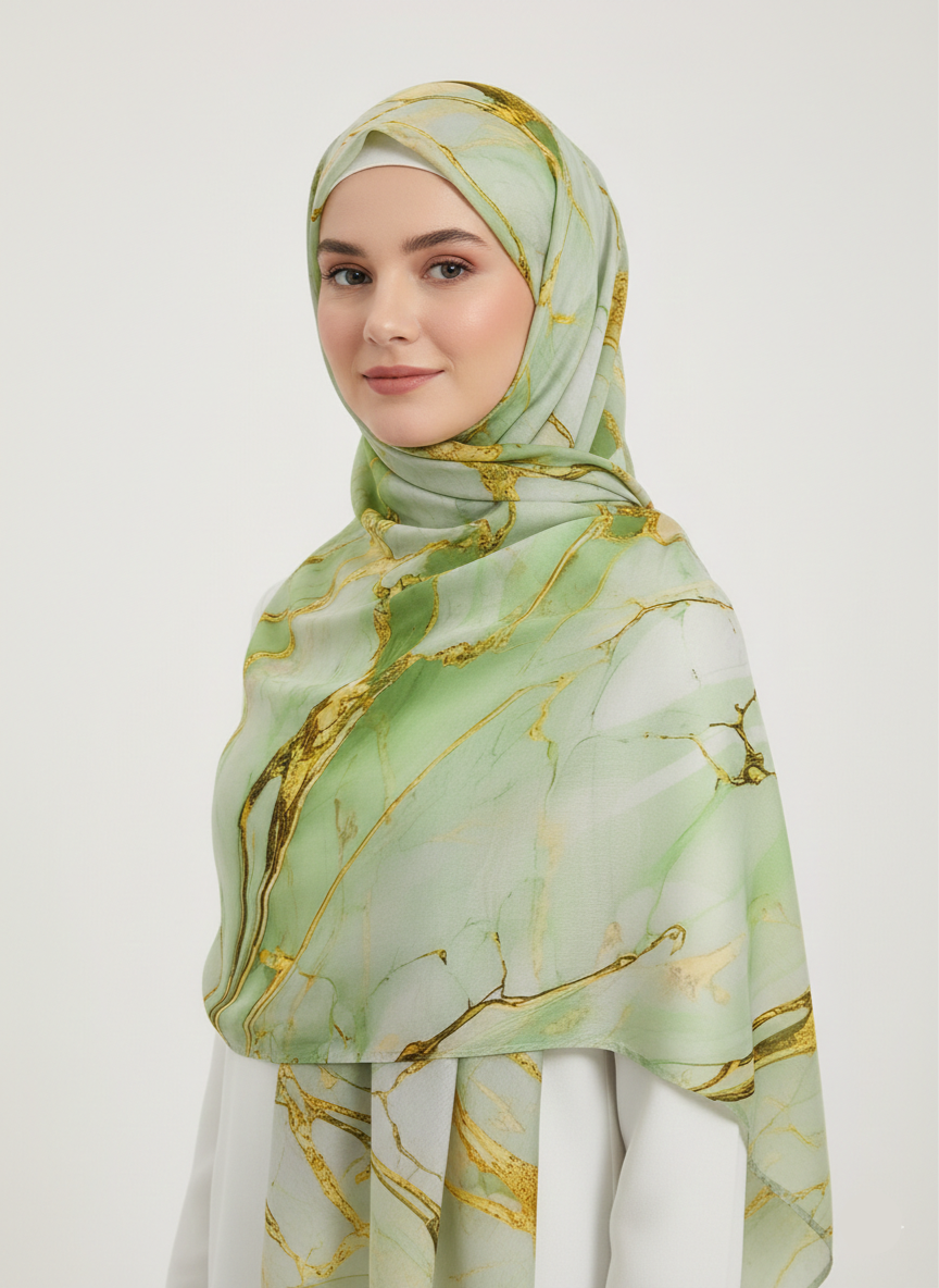 A close-up of the Emerina Printed Hijab, showcasing its intricate floral pattern in shades of blue and white on a soft