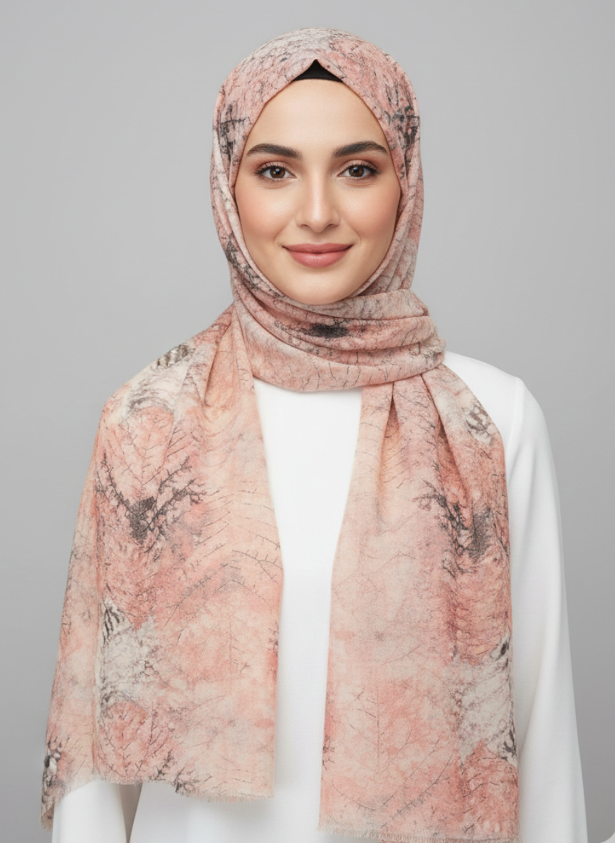 A close-up of a luxurious Ayla Printed Hijab in a soft peach hue, showcasing its elegant floral pattern.
