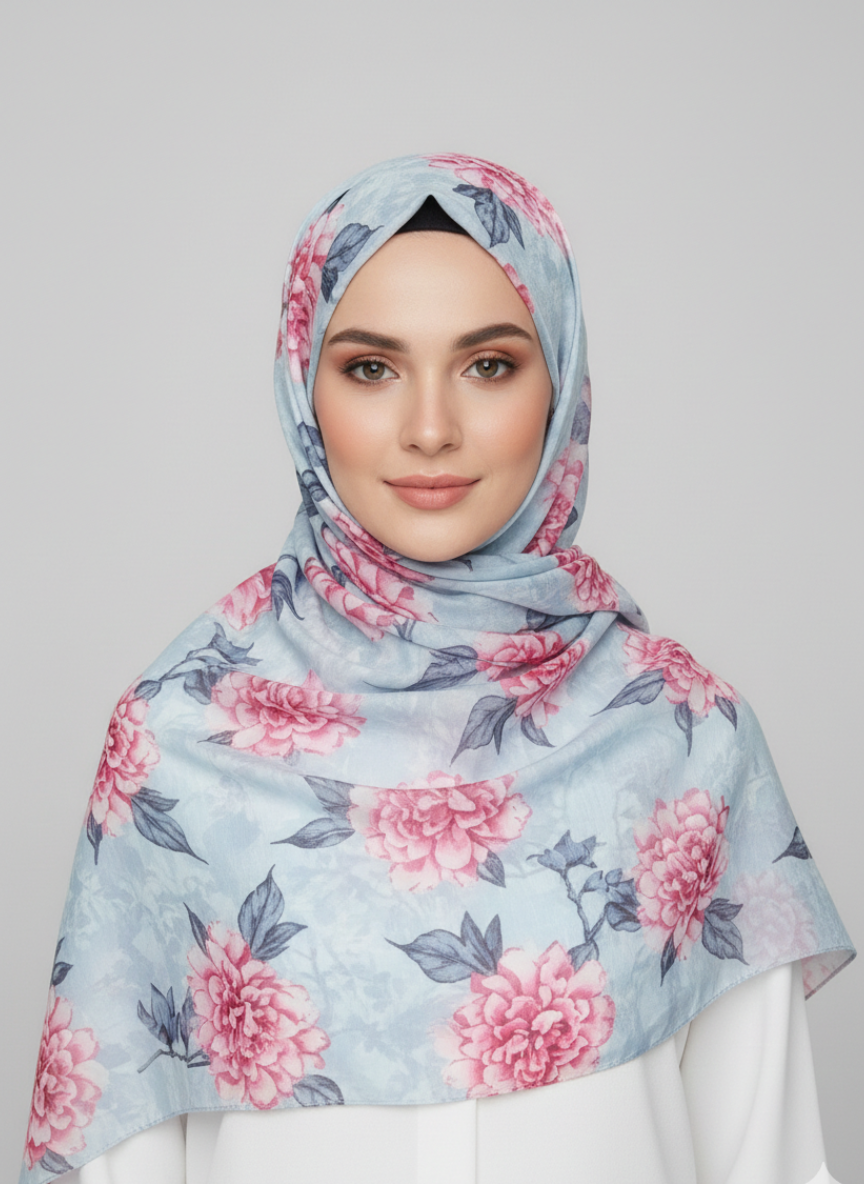 Premium Printed Hijab featuring an intricate floral pattern in shades of [color 1] and [color 2].