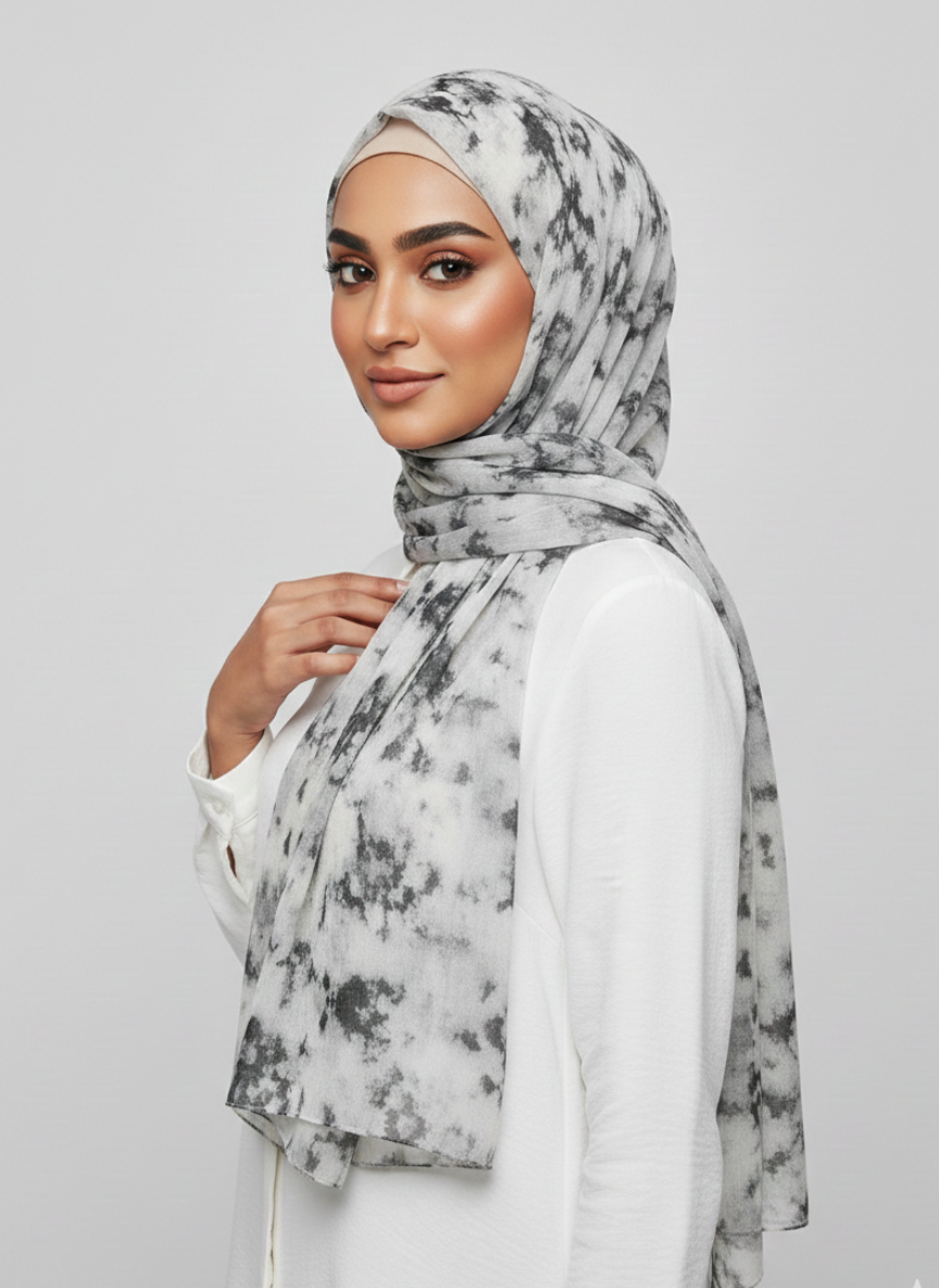 Premium Printed Hijab featuring a delicate floral pattern in shades of pink and green on a white background.