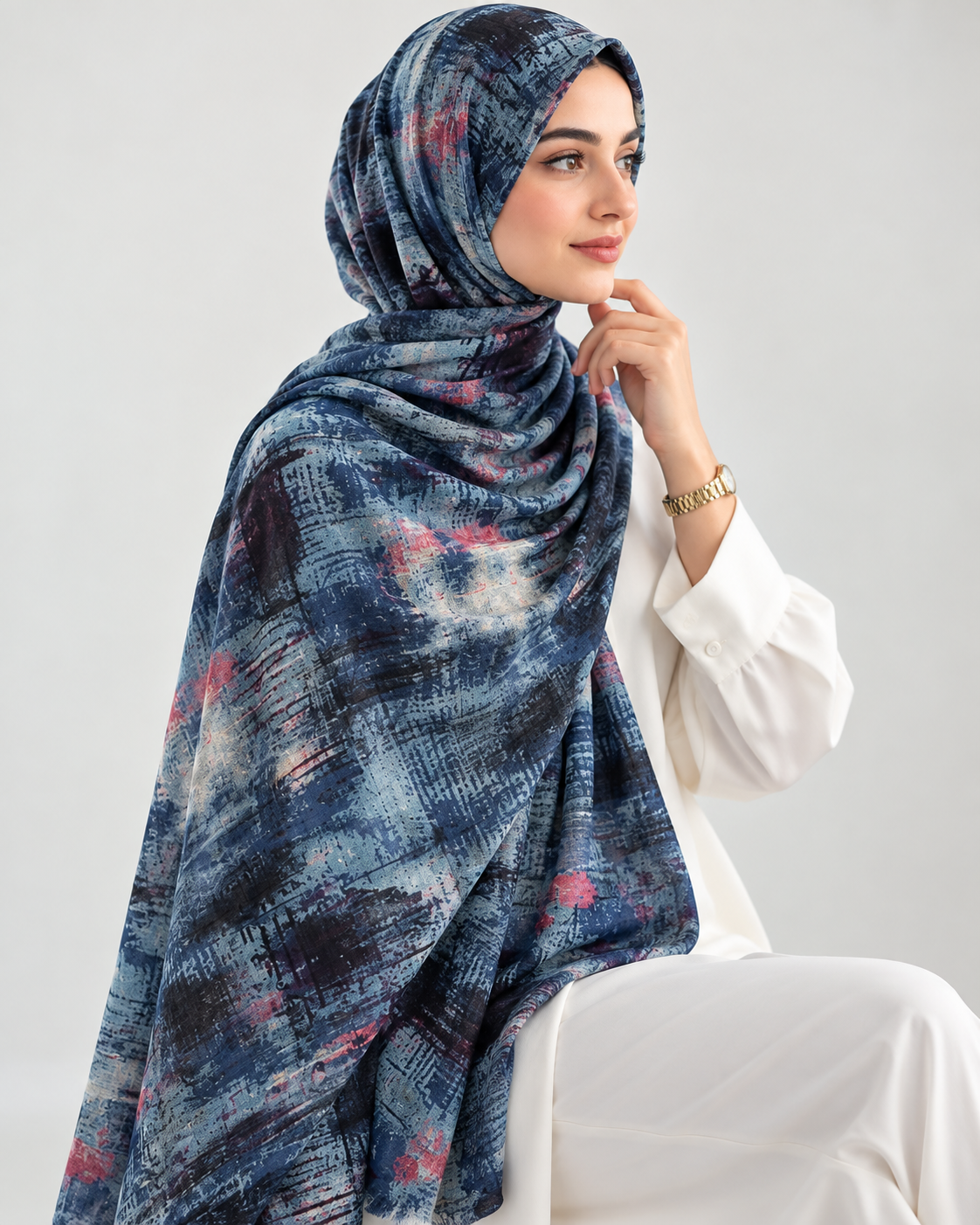 Windblown Printed Lawn Hijab - Navy Blue