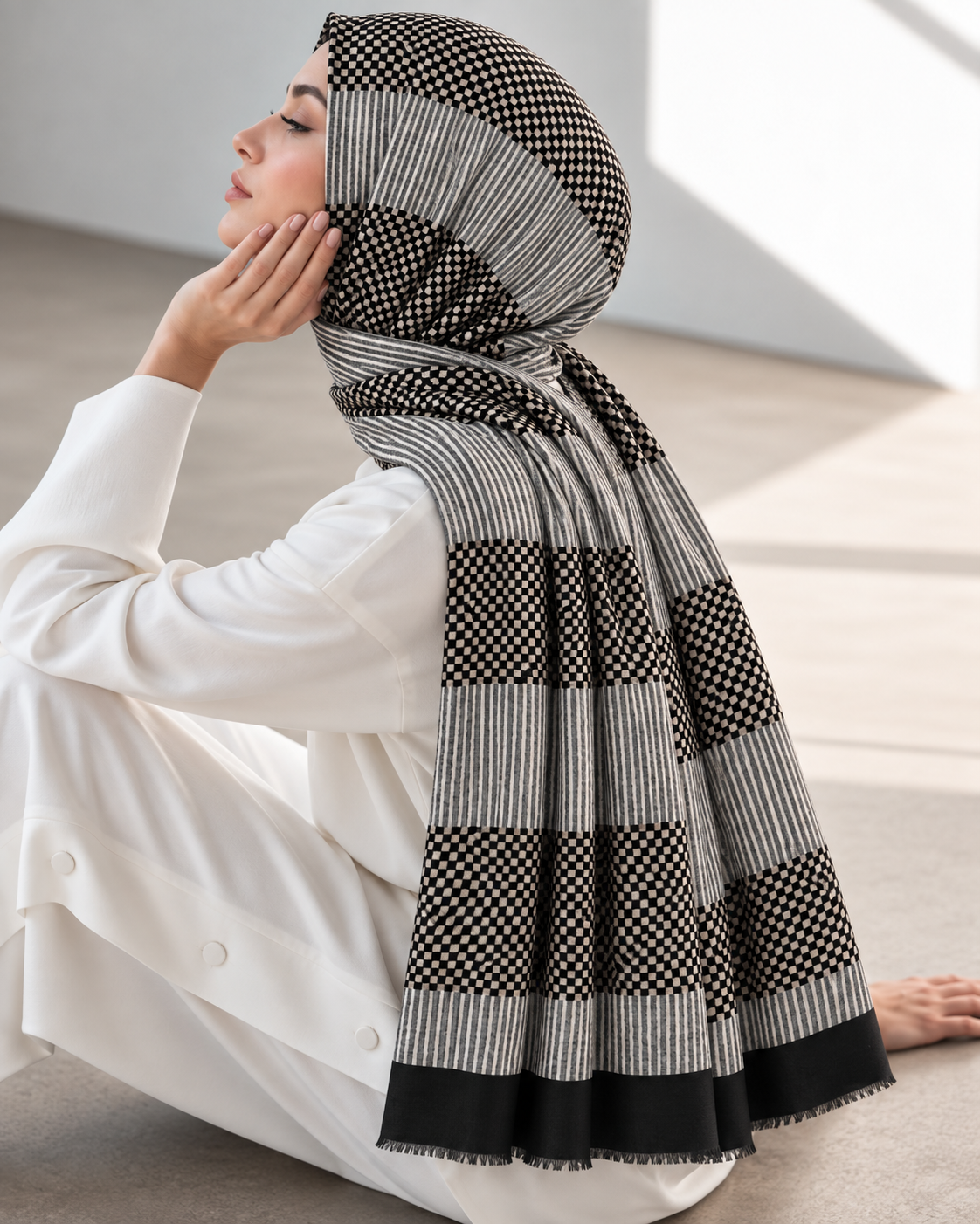 Domino Printed Lawn Hijab - Black