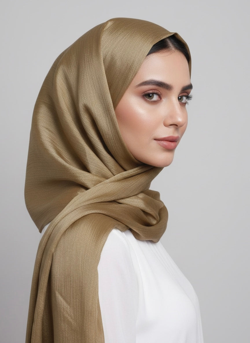 Metallics Gold Crinkle Silk Hijab – Khaki Gold