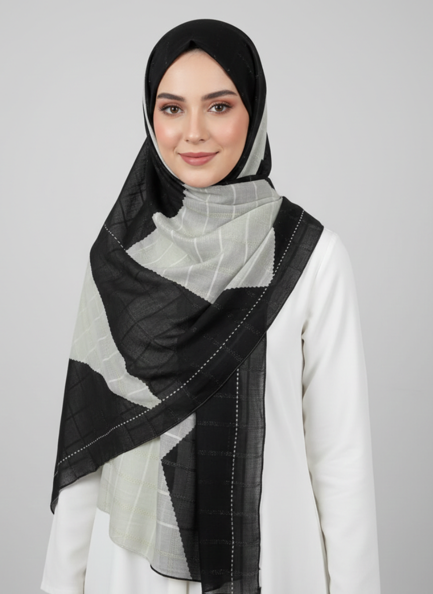 Black Serina Printed Hijab with an intricate white floral pattern, draped elegantly.