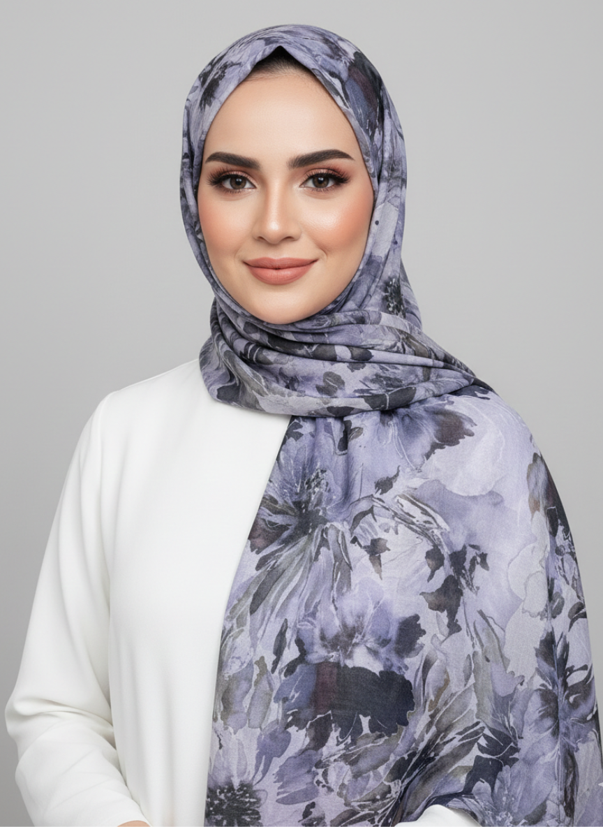 Shadowbloom Printed Hijab featuring a delicate floral pattern in muted tones.
