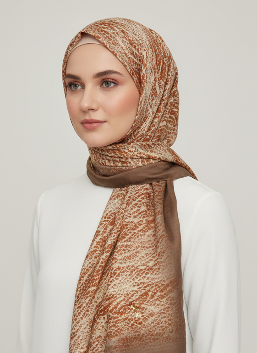 A close-up of a Reha Printed Hijab in a warm rust color, showcasing its intricate floral pattern.
