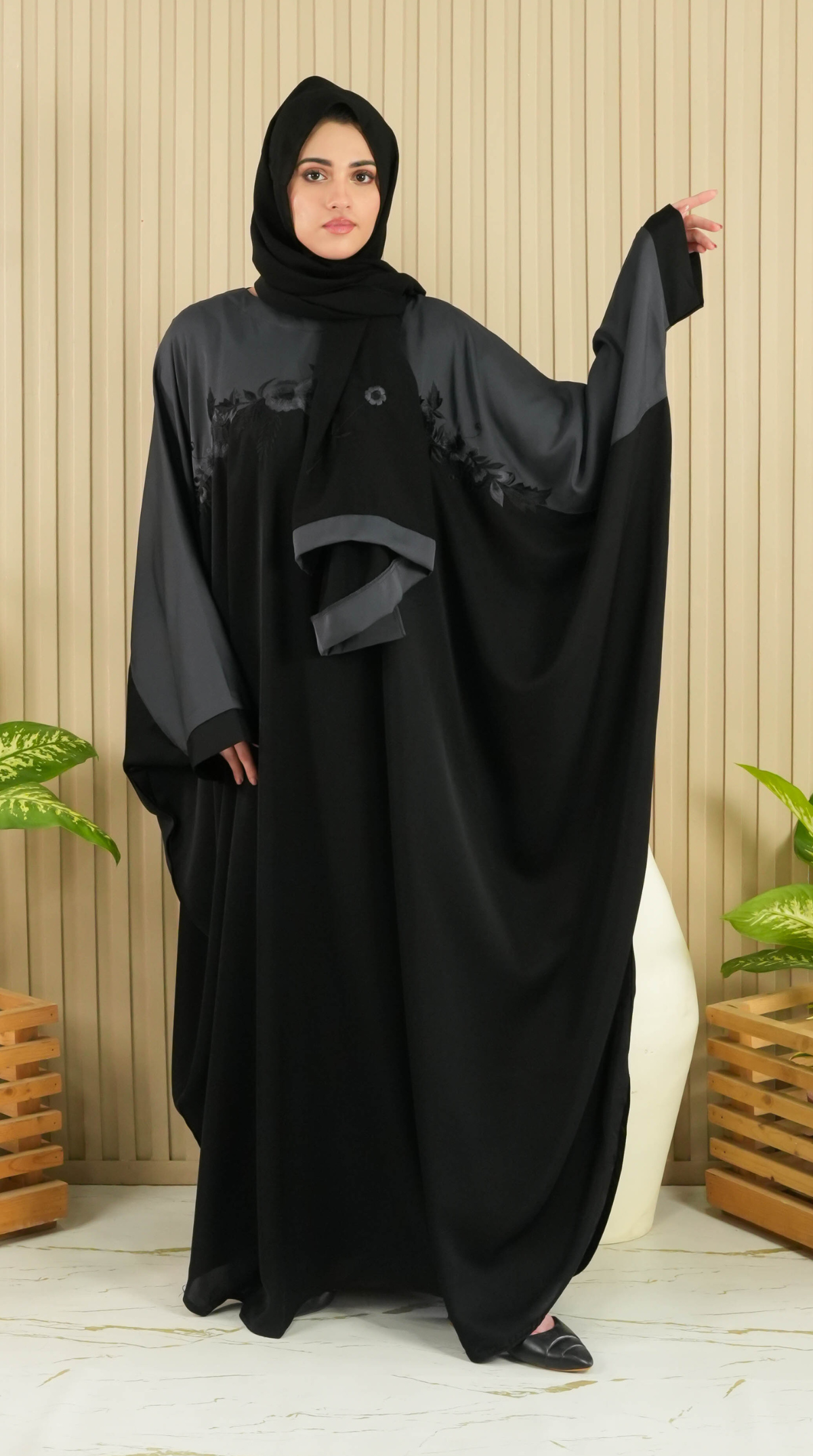 Flora Abaya - Charcoal (With Free Delivery)