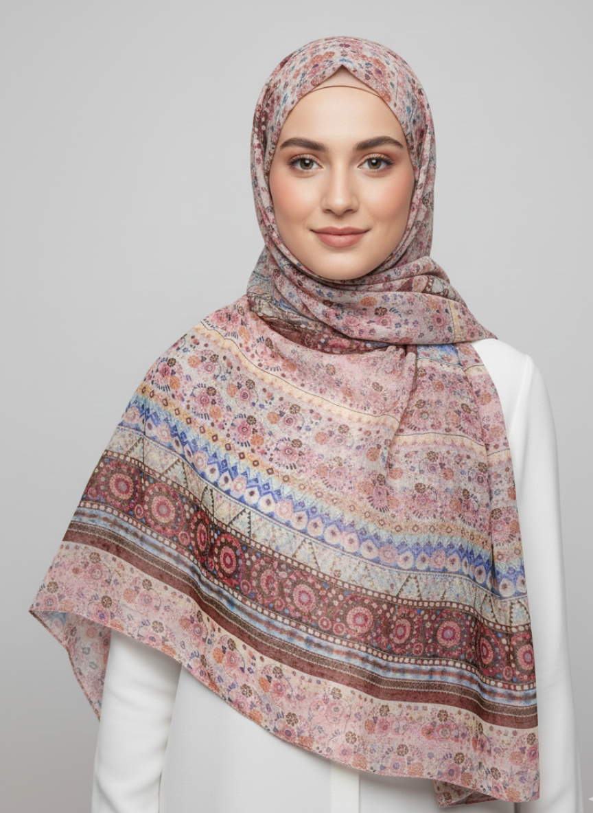 A close-up of a Premium Printed Hijab with a delicate floral pattern in shades of pink and green.