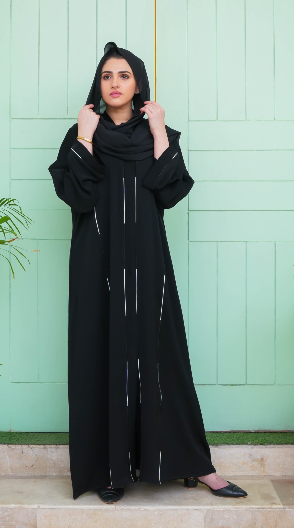 Linia Piping Abaya - Black & White Piping (With Free Delivery)