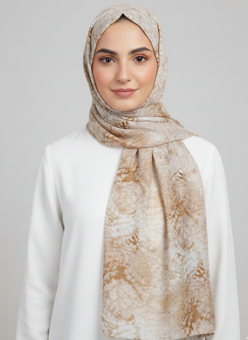 Ayla Printed Hijabs - Beige: A beige hijab with a subtle, elegant print, draped to show its flowy texture.