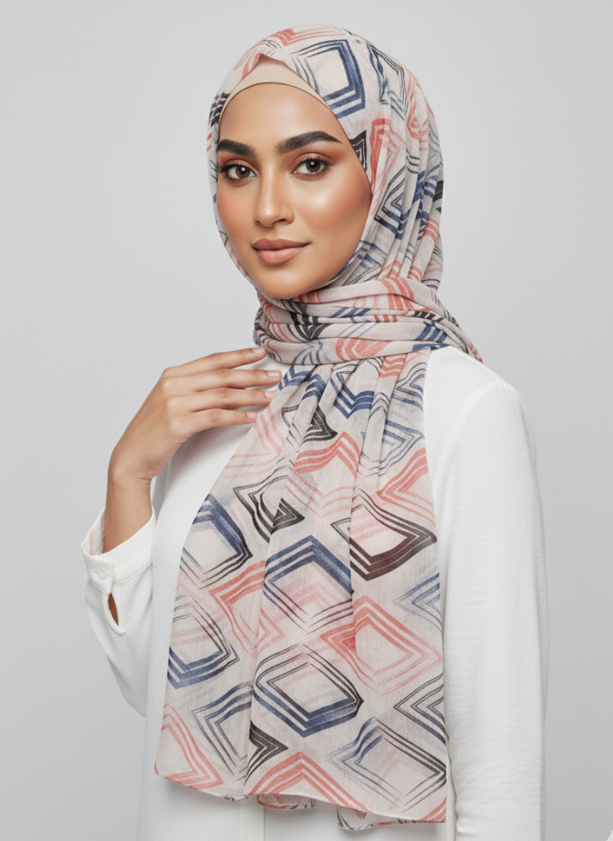Premium Printed Hijab featuring a delicate floral pattern in shades of cream and blush pink.