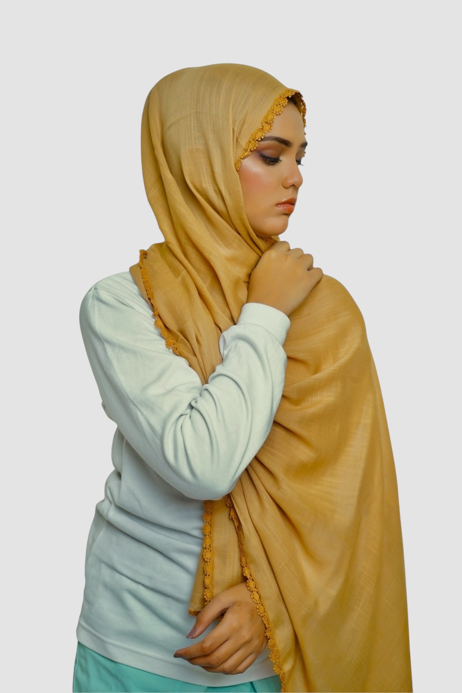 Expressions Turkish Lawn (Wider Width) Lace Hijab - Burnt Mustard
