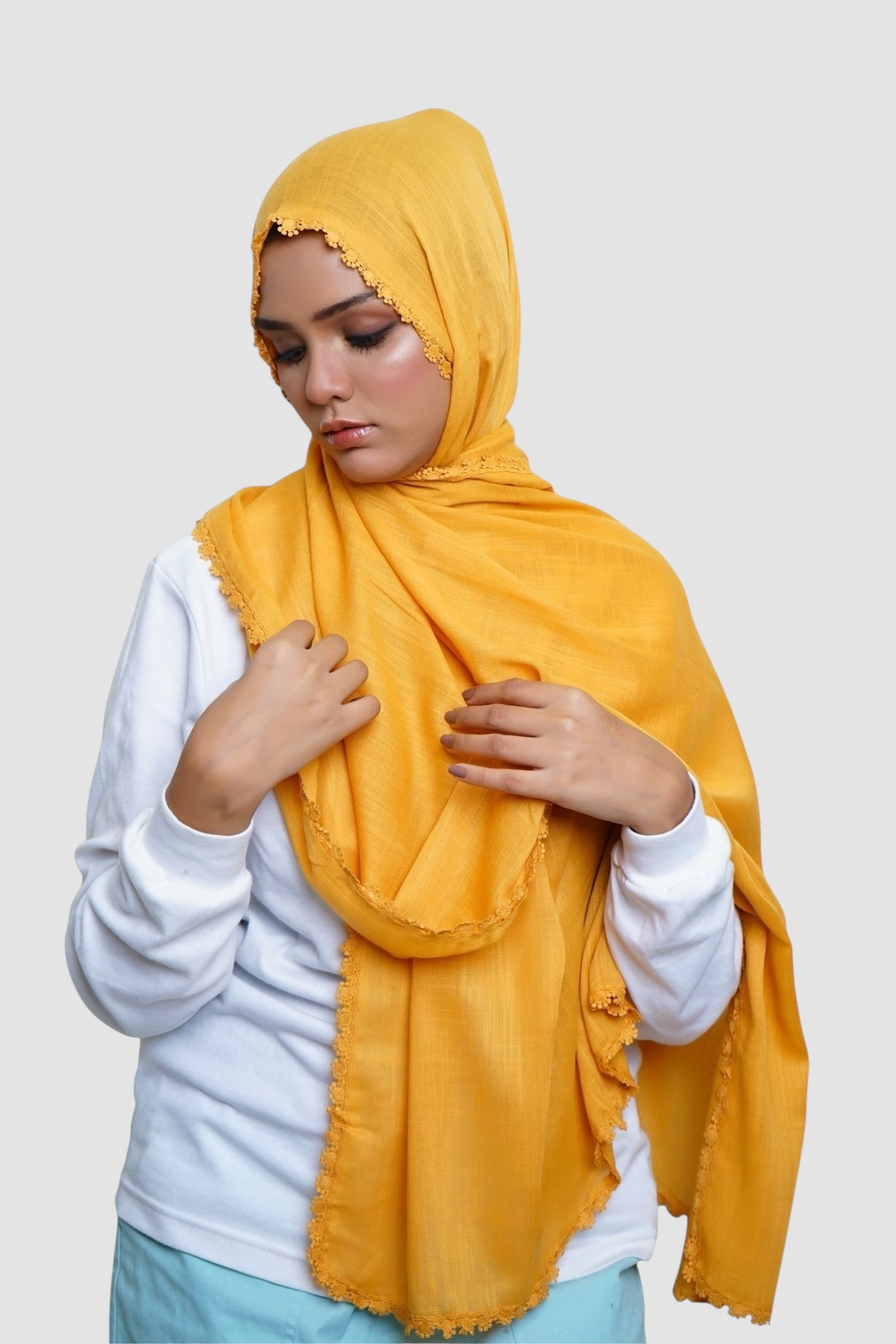 Expressions Turkish Lawn (Wider Width) Lace Hijab - Mustard