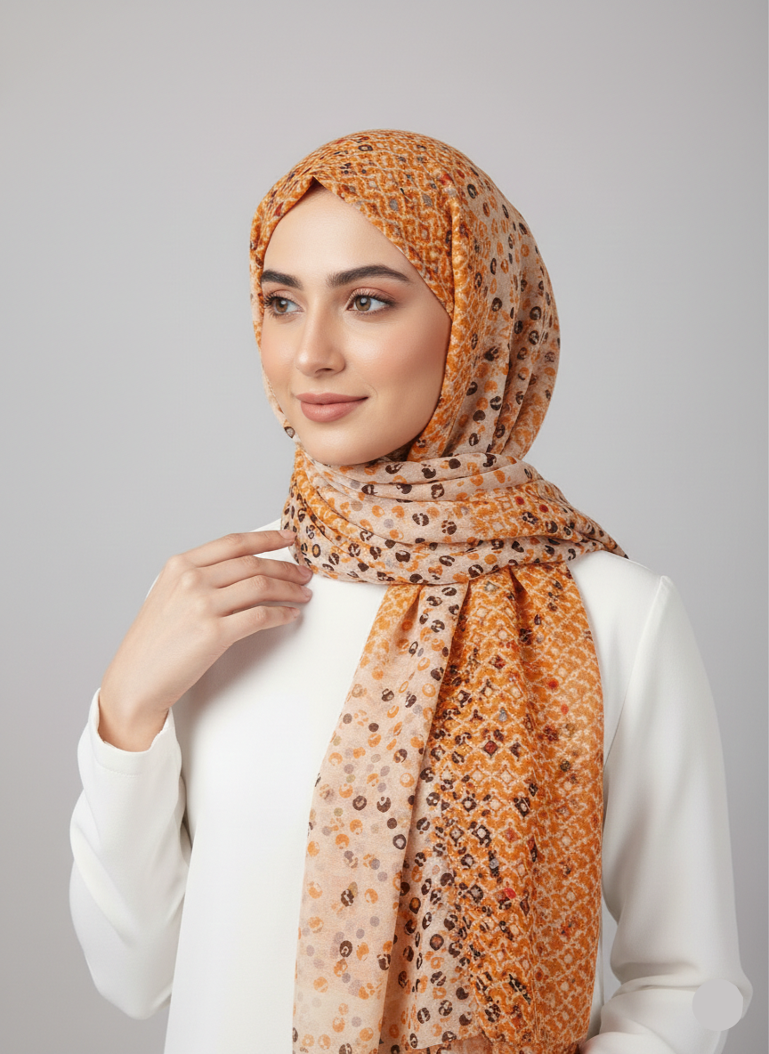 Premium Printed Hijab in a vibrant floral pattern, draped elegantly.