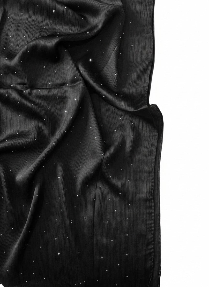 Black Luxe Crinkle Silk Hijab, a luxuriously textured black silk hijab with a subtle crinkle finish.