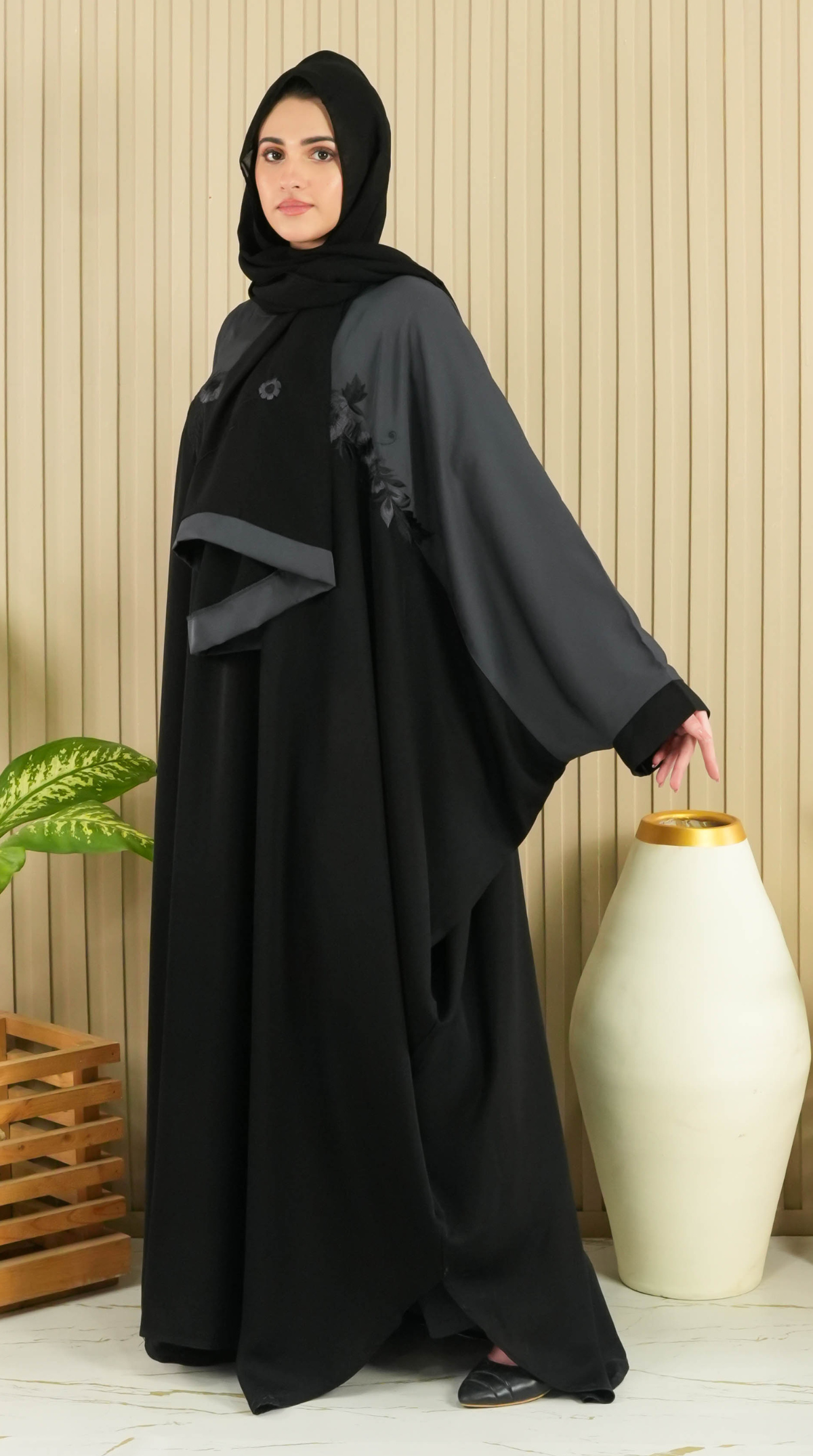 Flora Abaya - Charcoal (With Free Delivery)