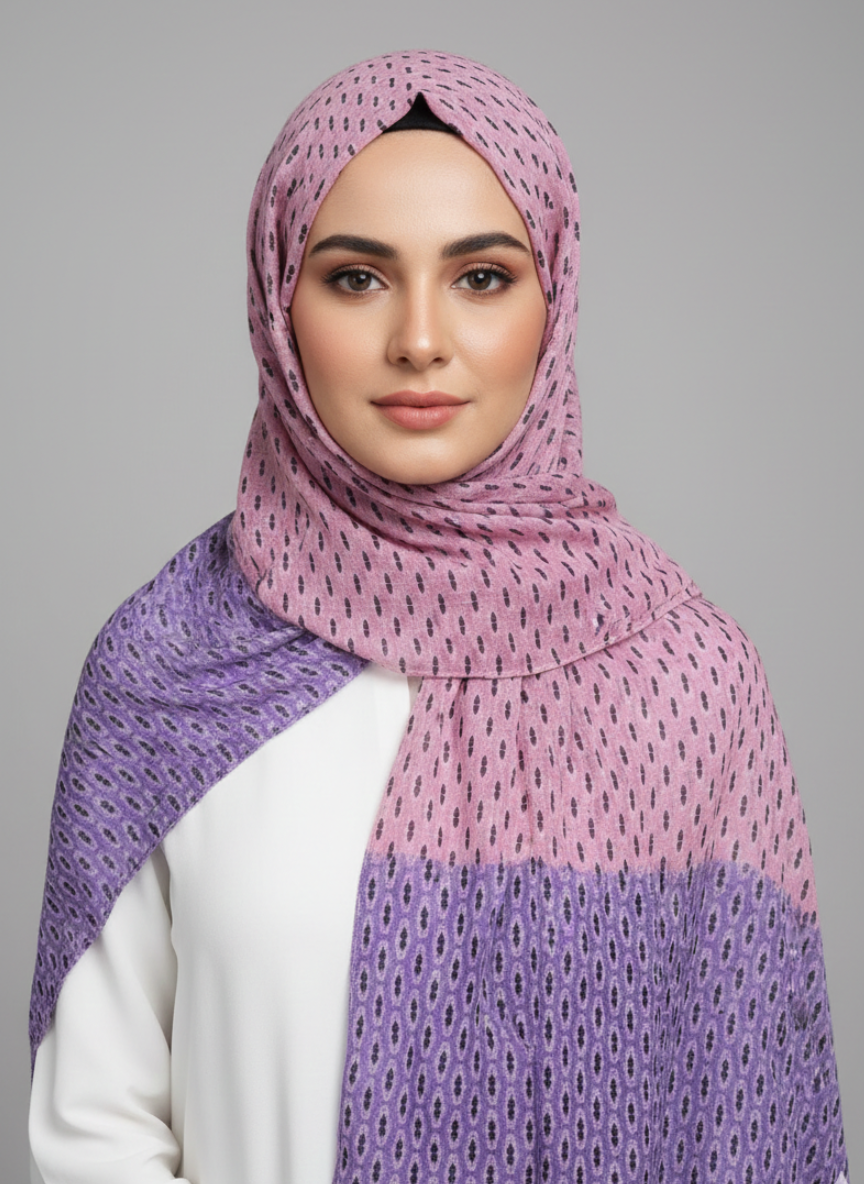 Premium Printed Hijab with intricate floral pattern in shades of emerald green and gold.