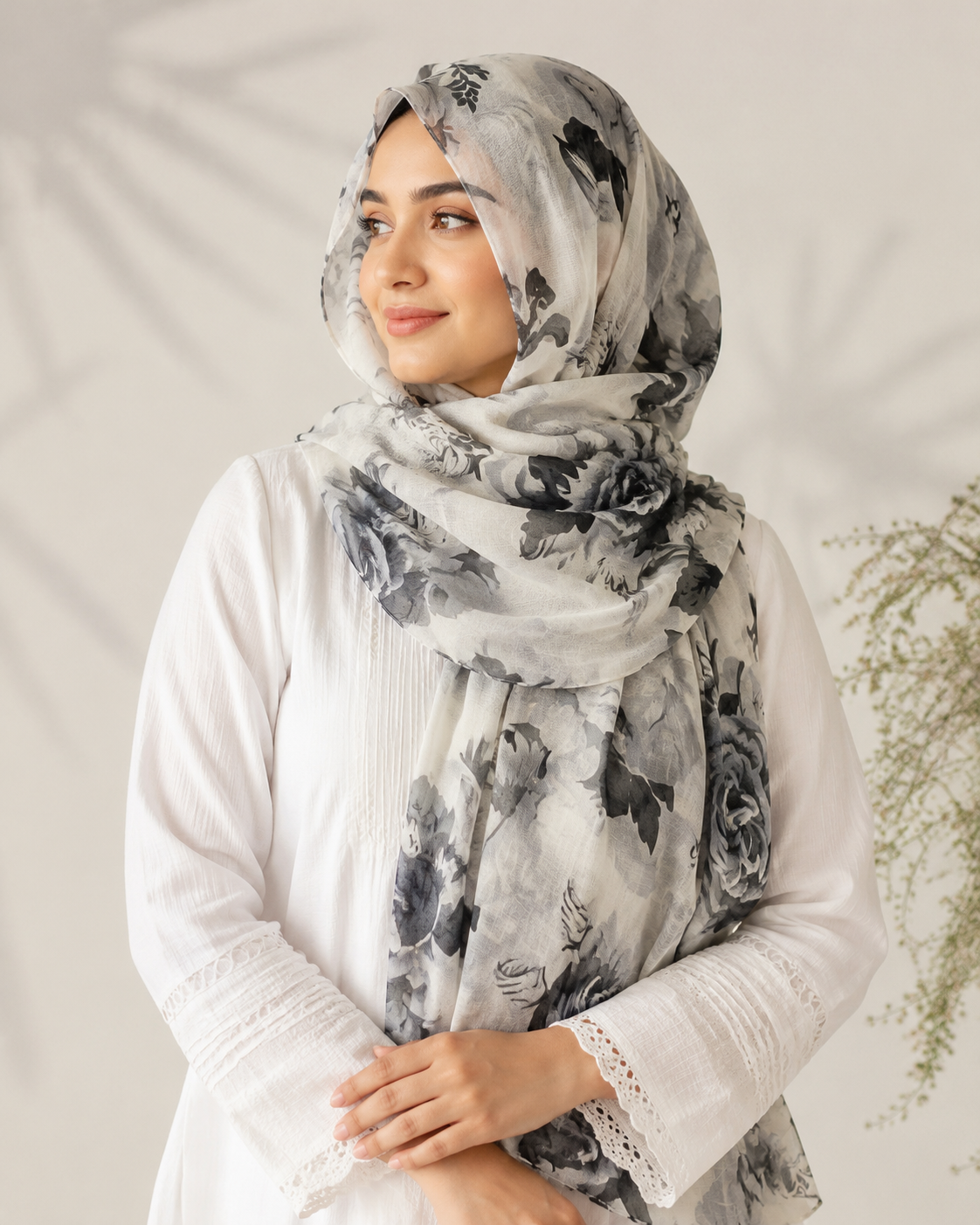 Roselle Lawn Printed Hijabs - Pearl White