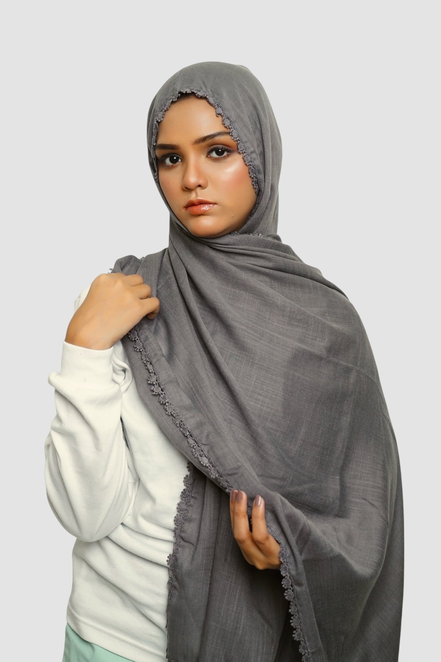 Expressions Turkish Lawn (Wider Width) Lace Hijab - Charcoal