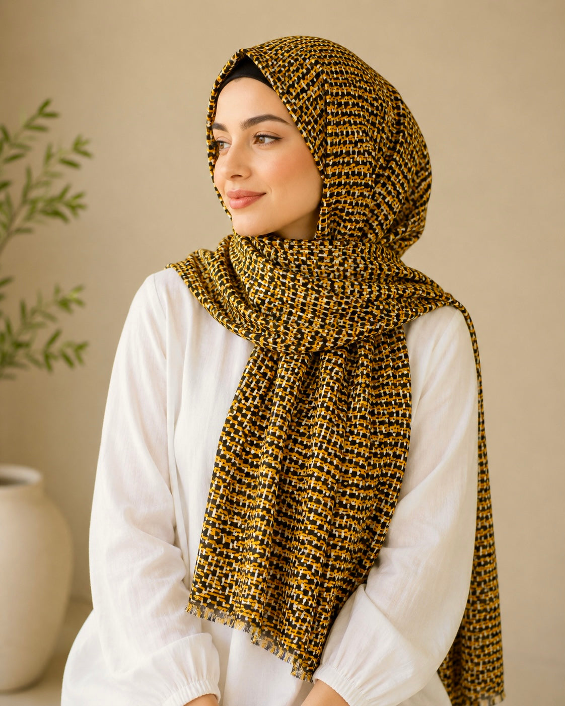 Alina Printed Lawn Hijab - Mustard