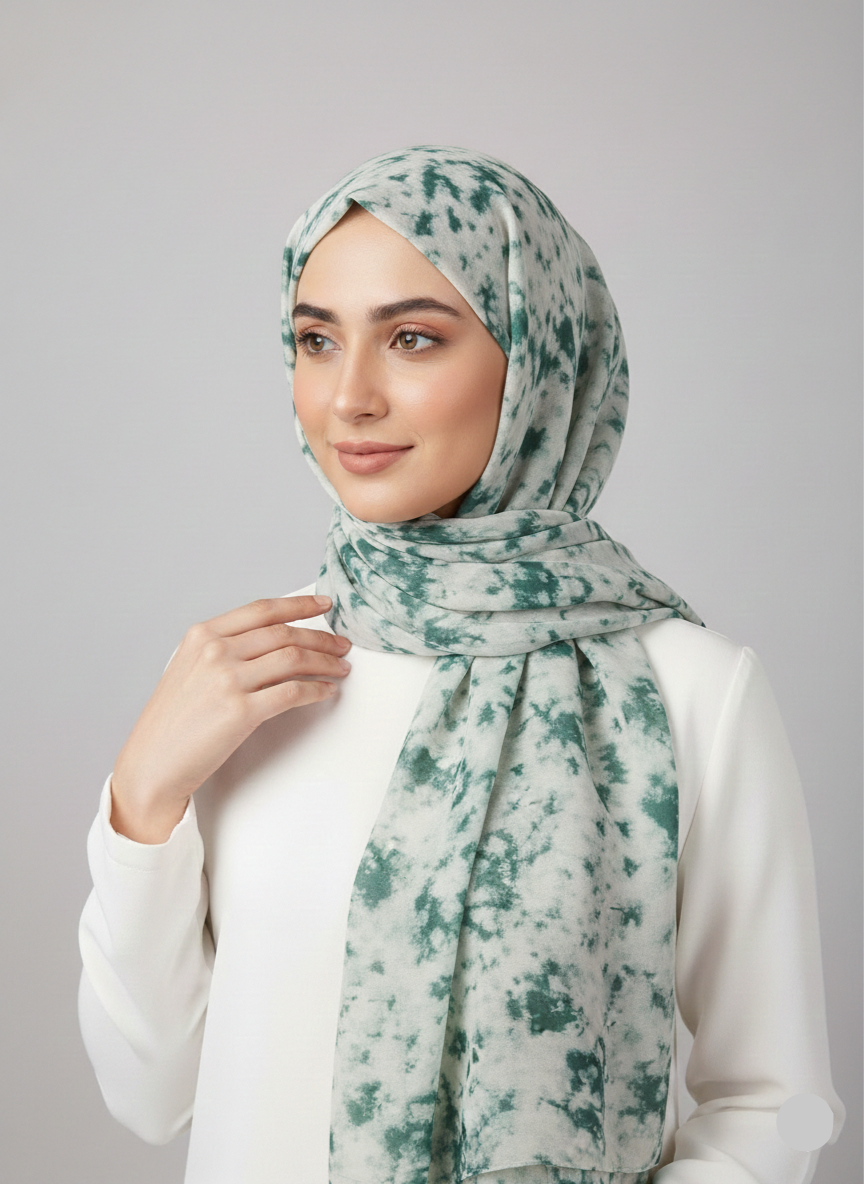 Premium Printed Hijab with a delicate floral pattern in shades of blue and white.
