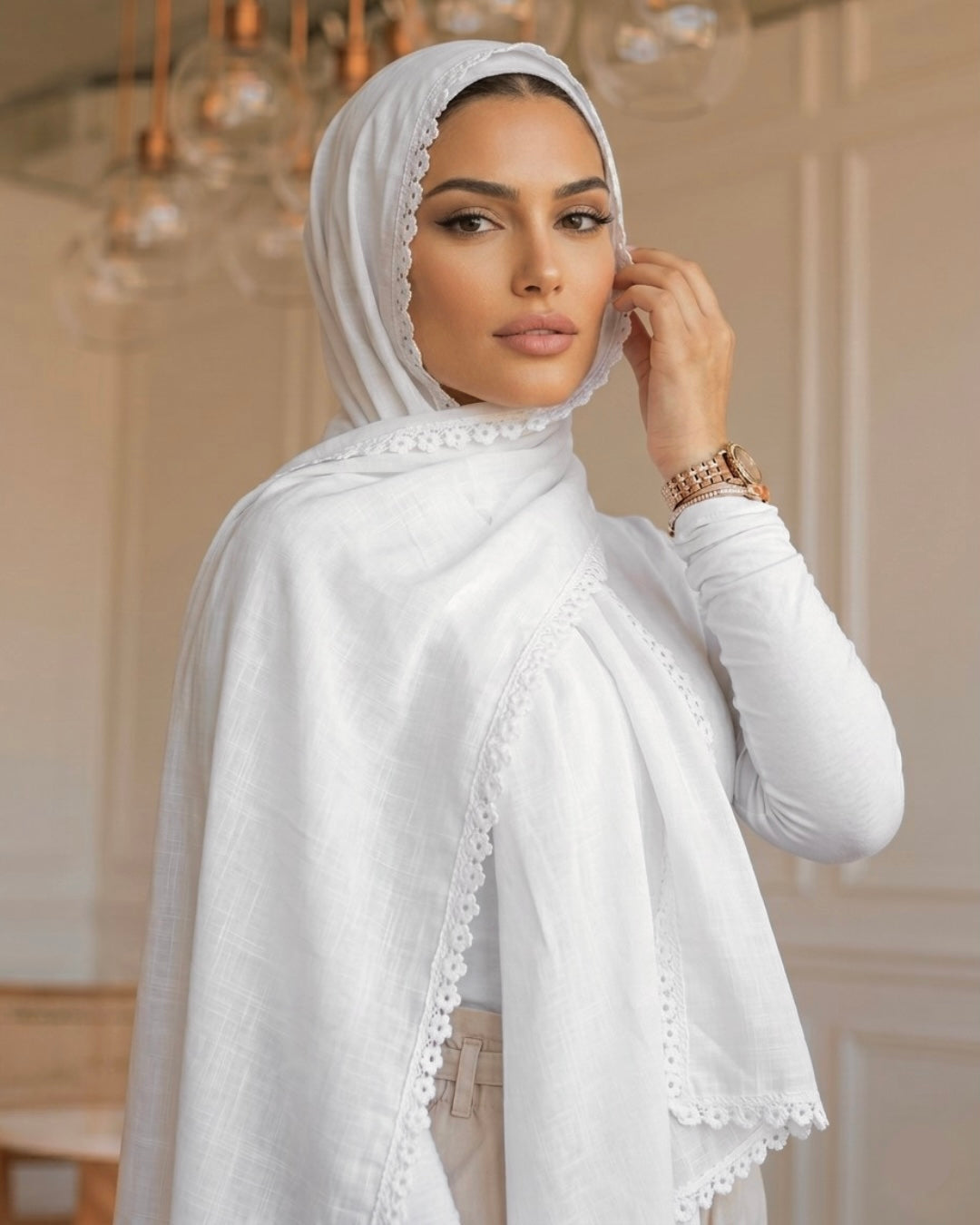 Expressions Turkish Lawn (Wider Width) Lace Hijab - Pearl White