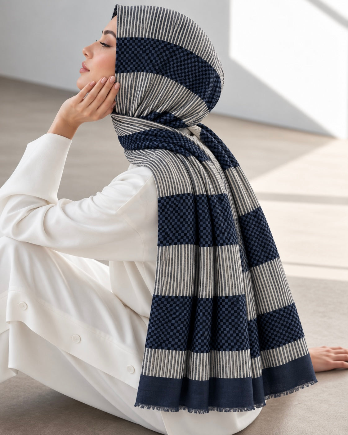 Domino Printed Lawn Hijab - Navy Blue