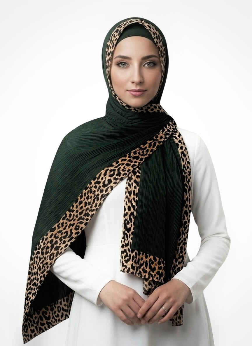 Pleated Border Hijab - Bottle Green