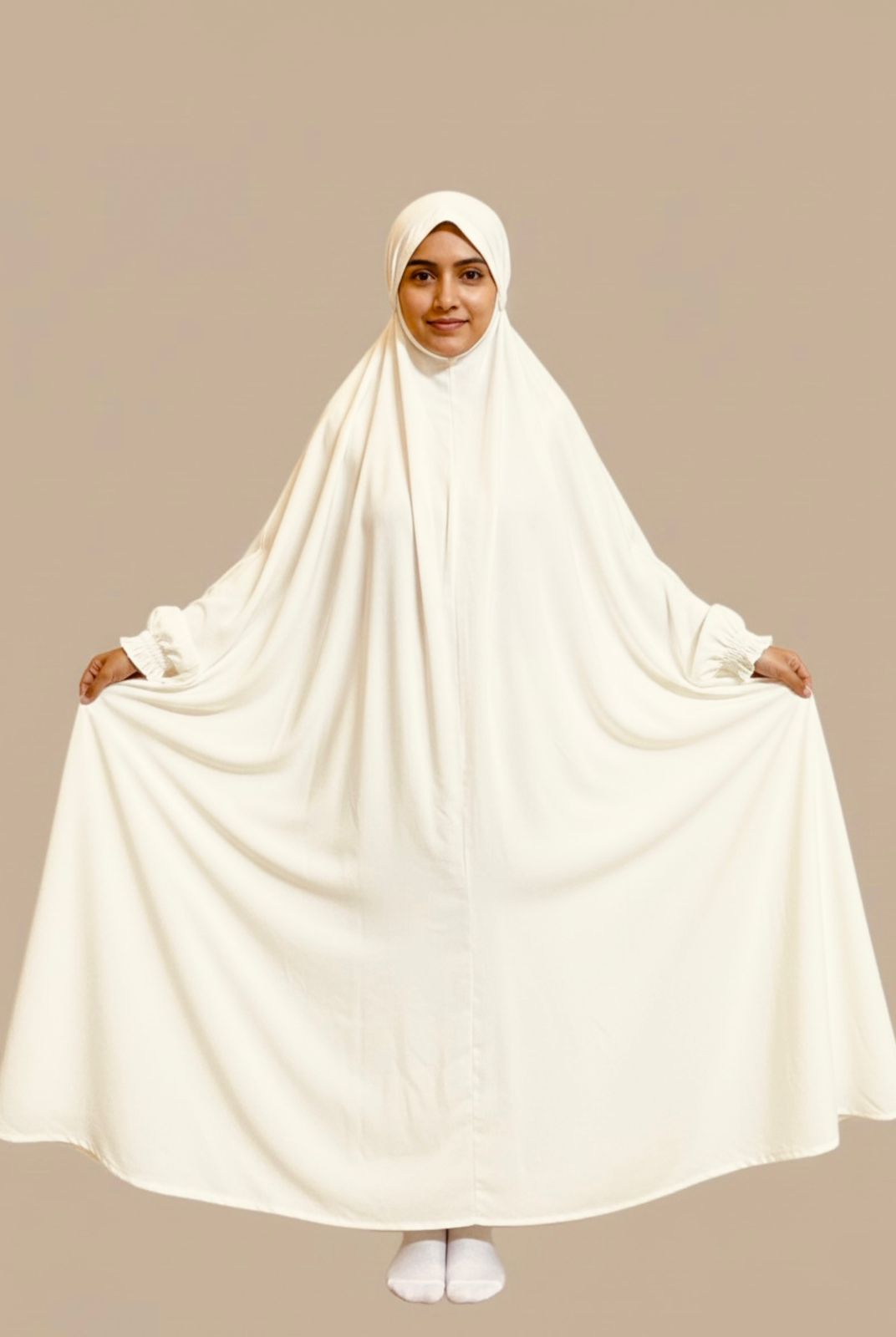 Premium Full Length Umrah & Namaz Chadar With Sleeves - Cream White (Imported Fabric)