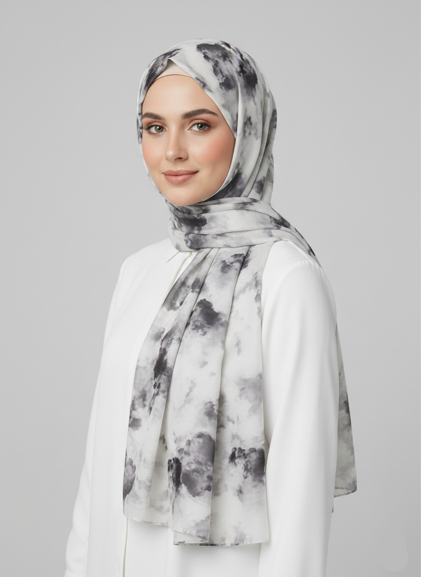 A Smudge Printed Hijab with a soft, abstract blue and white watercolor-like pattern.