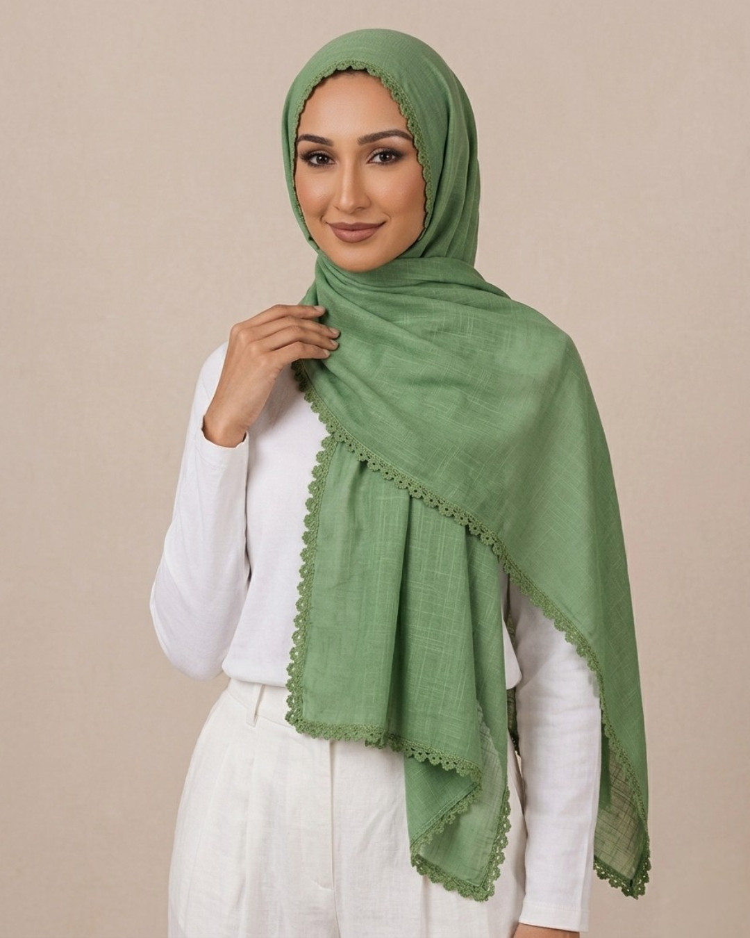 Expressions Turkish Lawn (Wider Width) Lace Hijab - Sage Green
