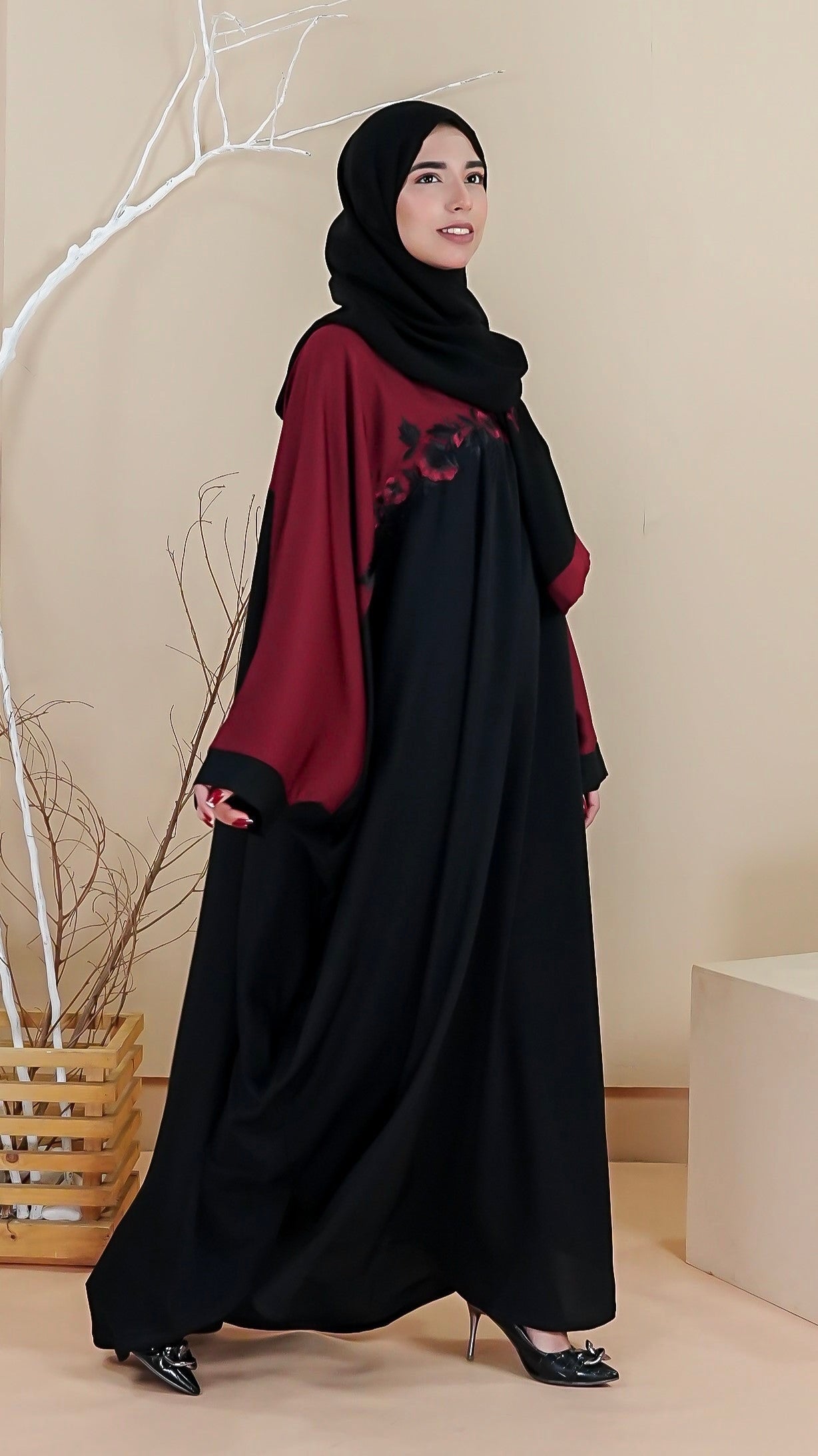 Flora Abaya - Deep Maroon (With Free Delivery)