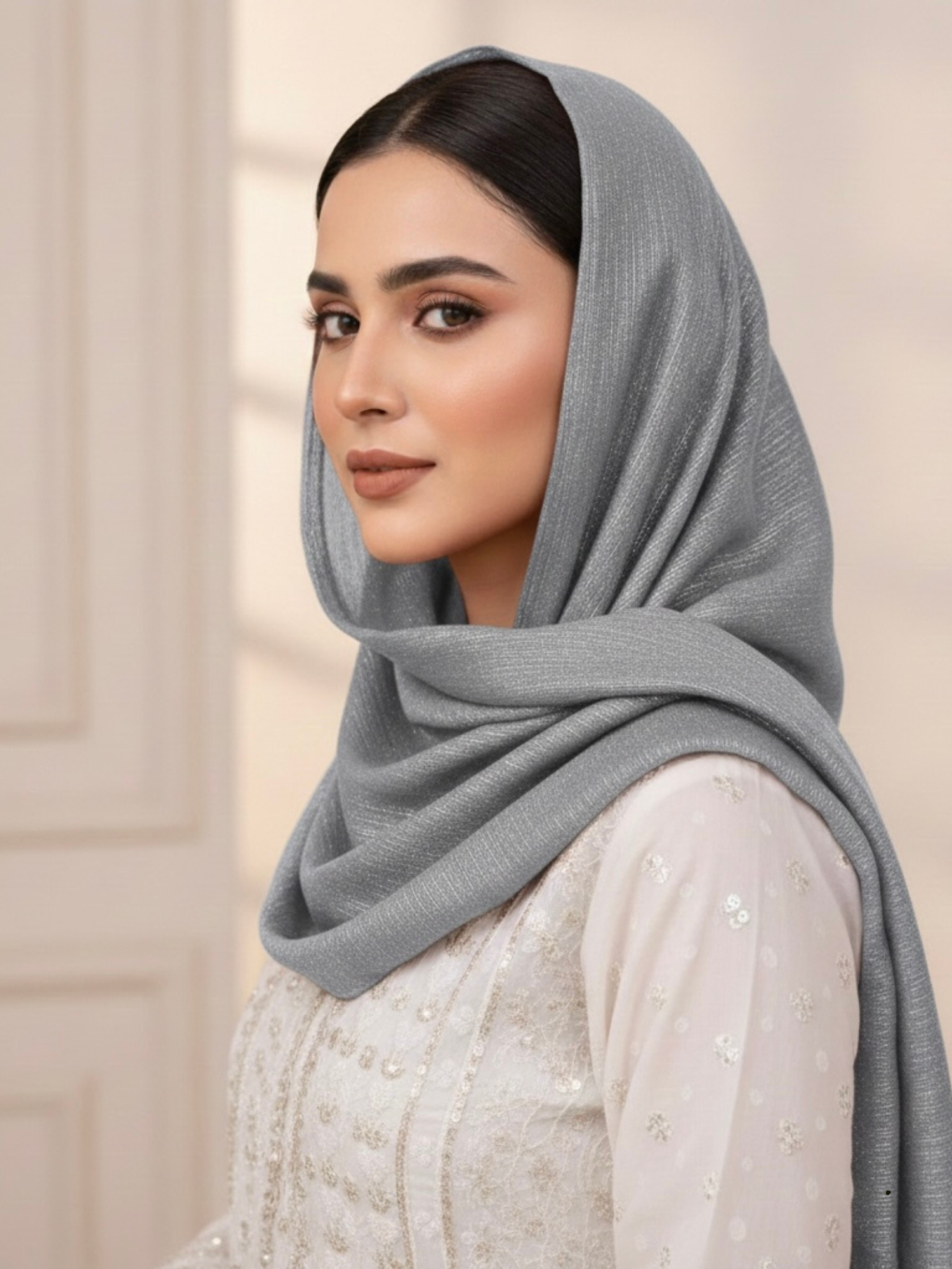 Gleamz Crinkle Silk Hijab – Silver