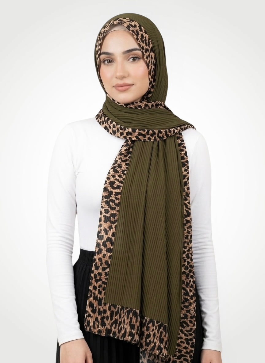 Pleated Border Hijab - Olive