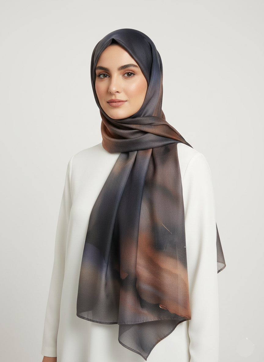 A close-up of a soft, flowing Walnut Printed Hijab with a subtle, organic pattern.