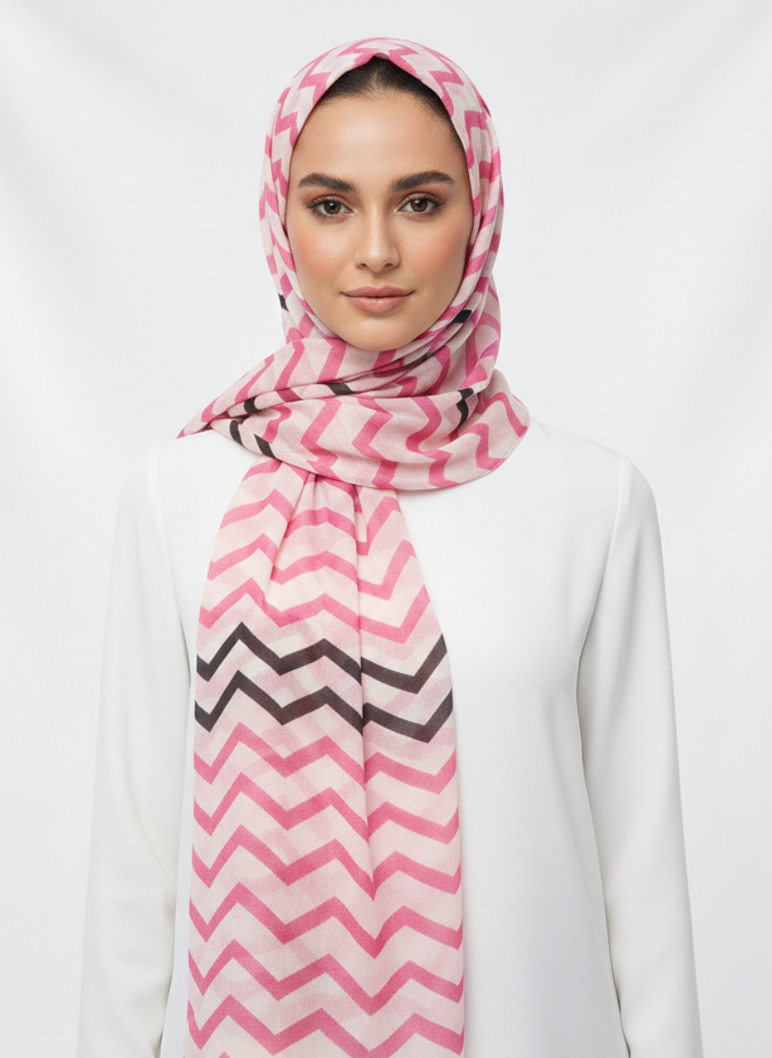 Premium Printed Hijab in a delicate floral pattern, draped elegantly over a mannequin.