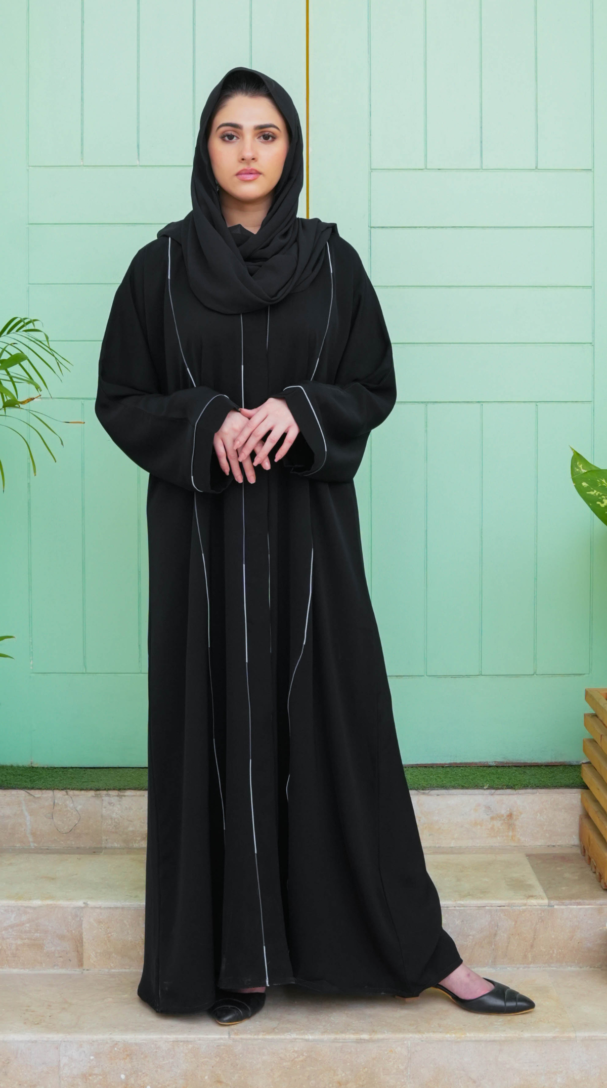 Linia Piping Abaya - Black & Grey Piping (With Free Delivery)