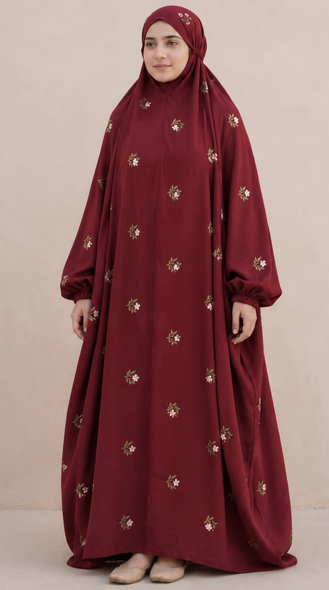 Embroided Full Length Namaz Chadar With Sleeves - Maroon