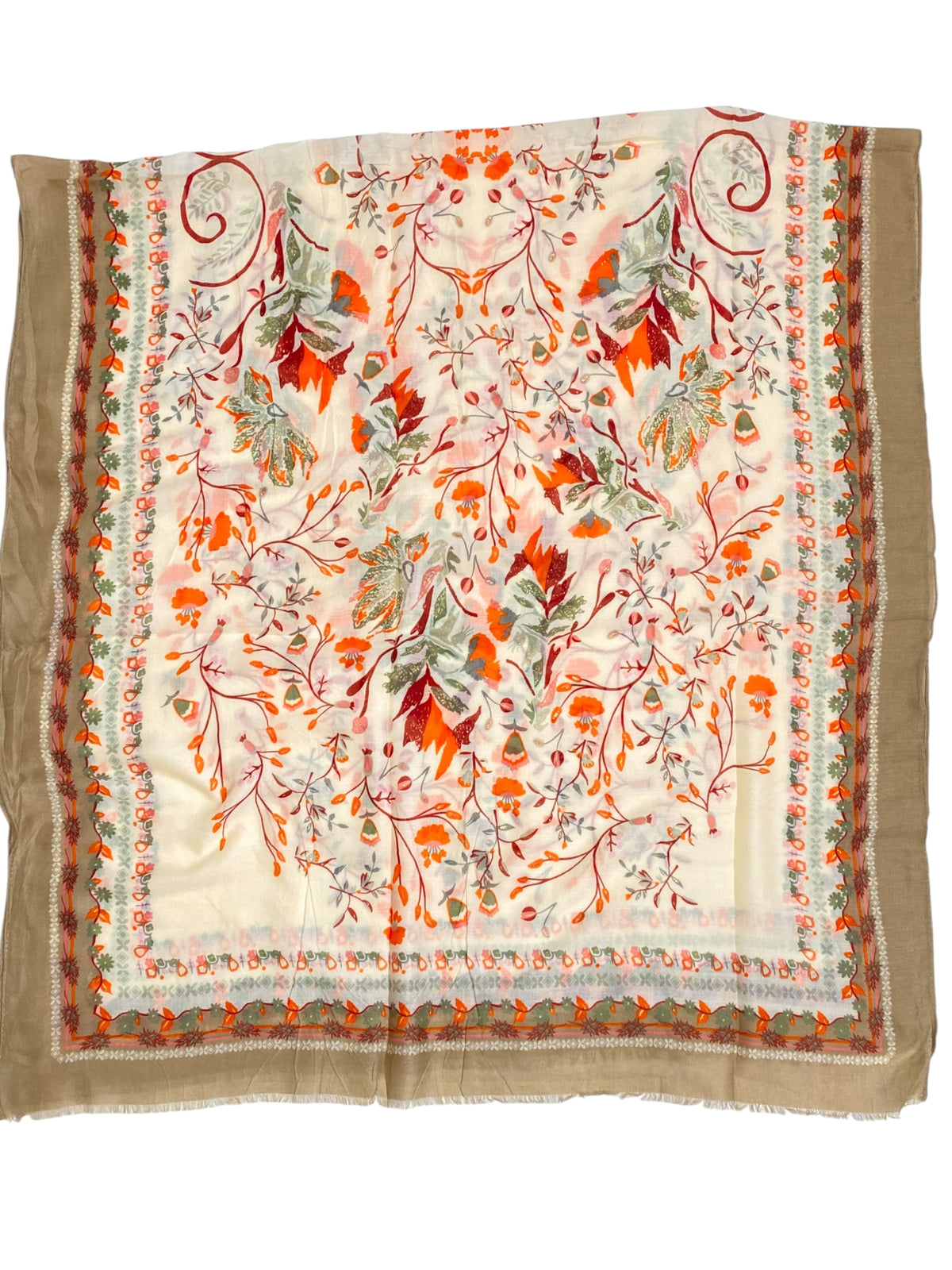 Tendril Glittered Printed Lawn Hijab - Beige