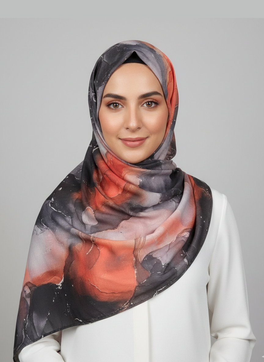 A close-up of the Luma Printed Hijab, showcasing its intricate floral pattern in shades of deep blue and cream.