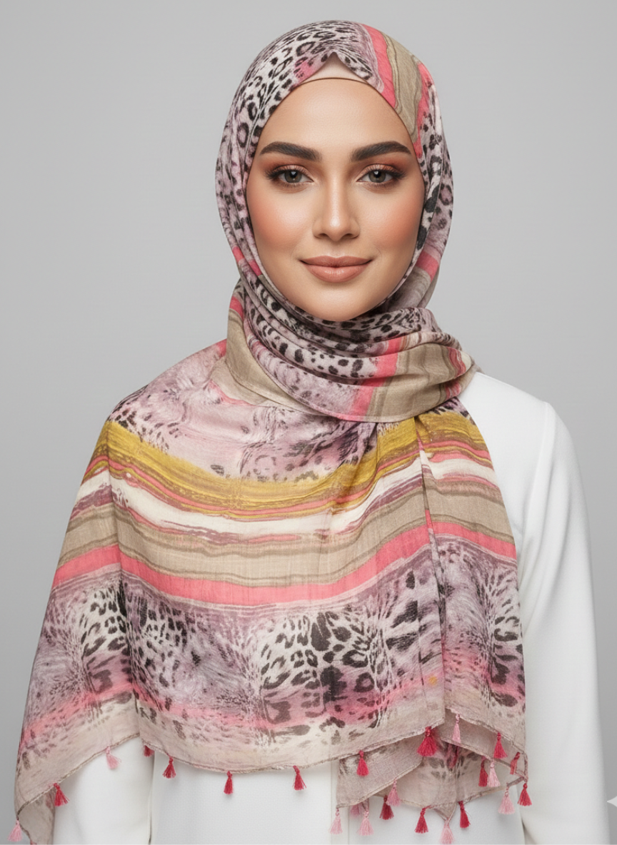 A close-up of a Premium Printed Hijab showcasing its intricate floral pattern in shades of blue and gold.