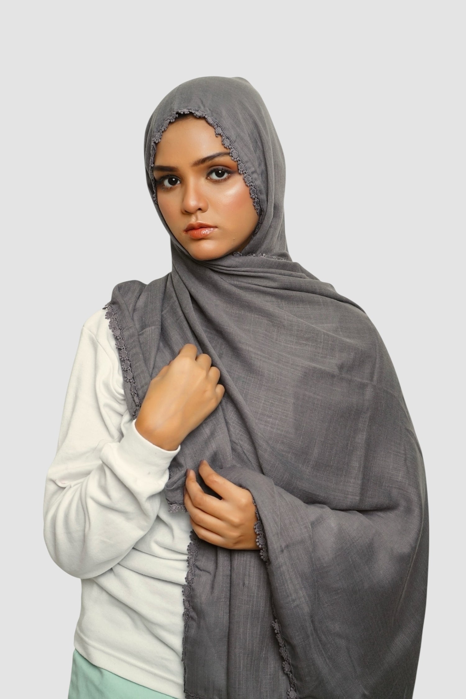 Expressions Turkish Lawn (Wider Width) Lace Hijab - Charcoal